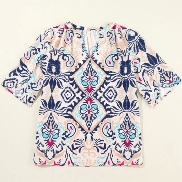 Abstract Print Notched V-Neck Half Sleeve Blouse - Picture 1 of 4